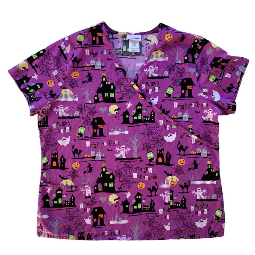 ScrubStar Halloween Print V-Neck Scrubs Top Medical Uniform ~ Women’s XL